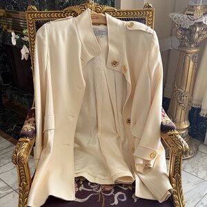Tahari Cream Trench Coat with Gold Accents